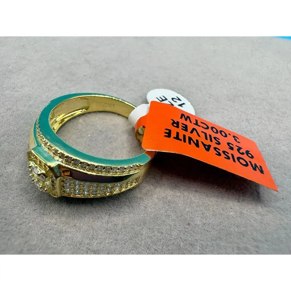Sz 12 - 3CTW Moissanite Gold Over 925 Silver Stamped Ring